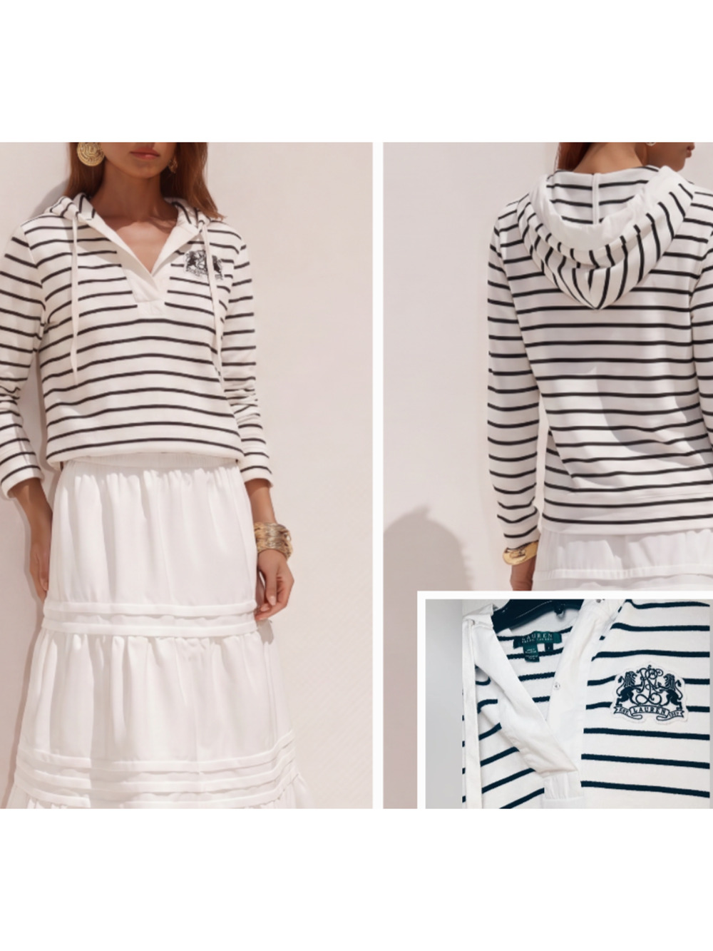Lauren Ralph Lauren Stripe Hoodie S White Black Crest Preppy Nautical Equestrian
